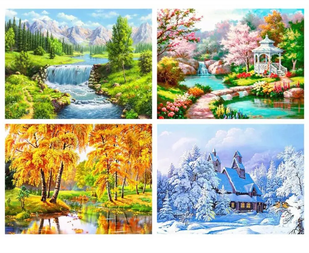 DIY 5D Diamond Målningssatser Seasons Gem Art Spring Paint med nummer Full borrkristall Rhinestone Wall Decor Gift 12x16 tum