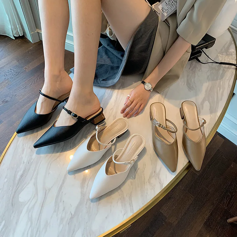 Fashion Women Sandals Slippers Pointed Toe Slides Slip On Mules Shoes Thick Mid Heels Summer Casual Slippers Slides Pumps 210513