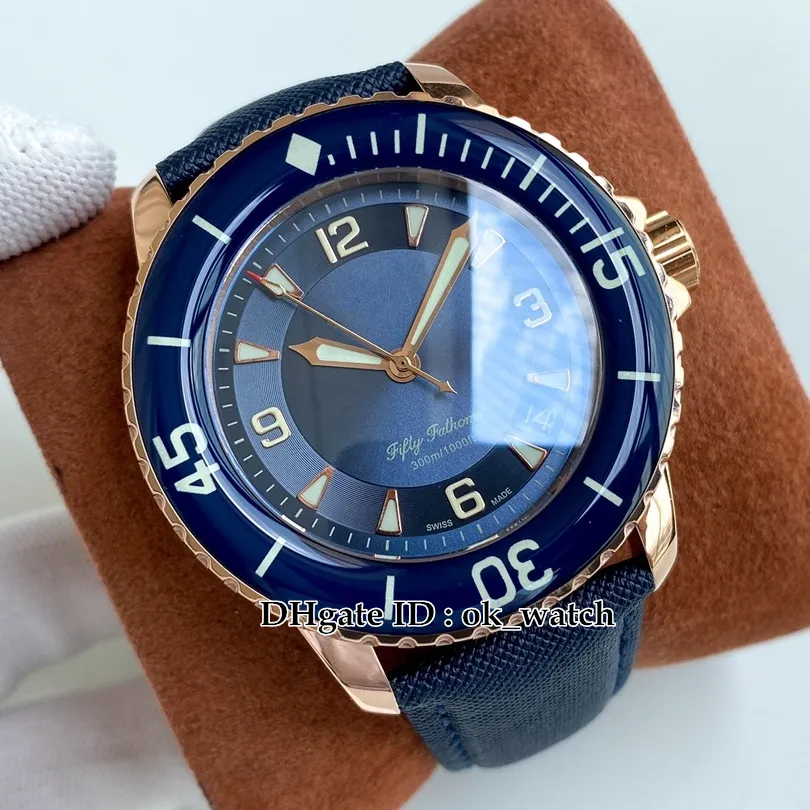 4 stijlen Fifty Fathoms 5015-3603C-63B Miyota 9015 Automatische Mens Watch Rose Gold Case Blue Dial Ceramic Bezel Date heren HOUKTES Horloges lederen band