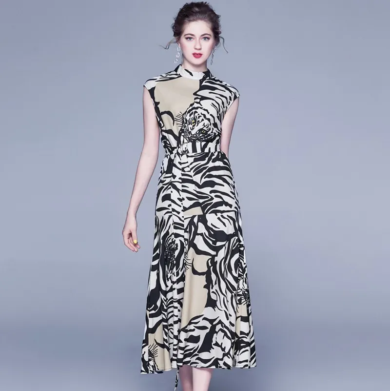 LLZACOOSH Summer Women Elegant Stand Collar Sleeveless White Black Tiger Pattern Printed Dress Female Slim Party Dresses 210514