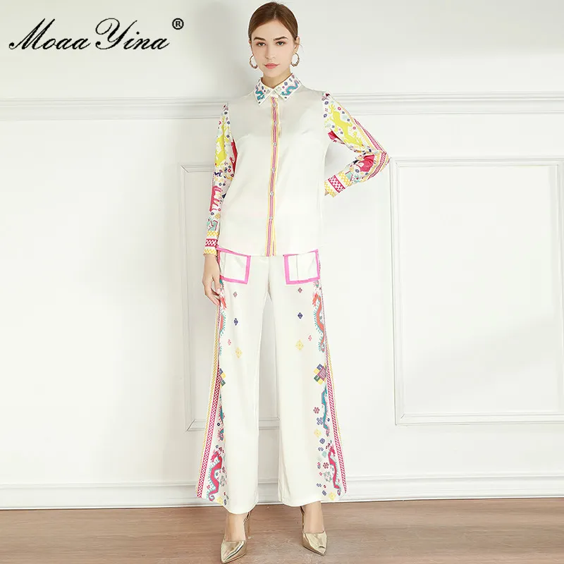 Модный дизайнер набор весна женские длинные рукава блузки топы + колокольниц инди народное печать двухсекционный костюм 210524