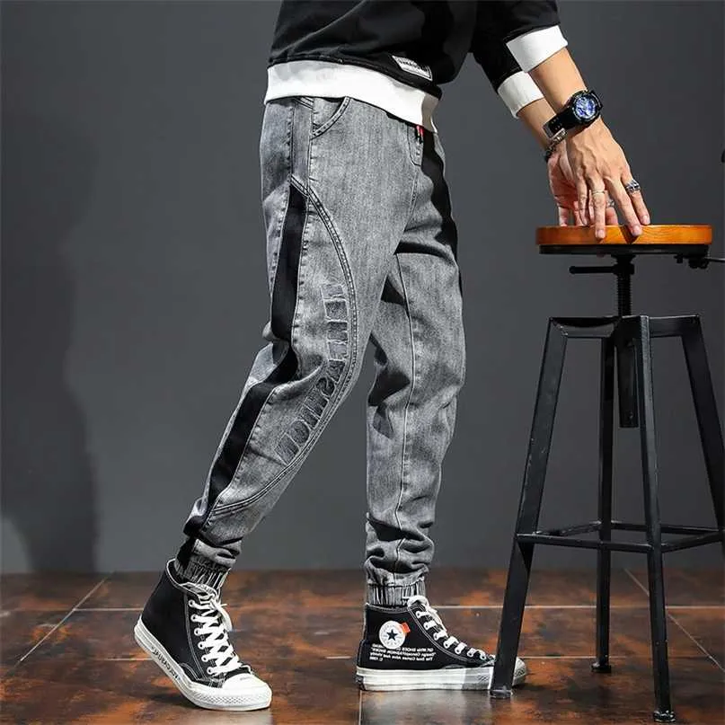 Heren mode broek elastische band overgewicht grote maat jeans cowboy broek mannelijke modieuze patchwork streetwear plus man 2111108