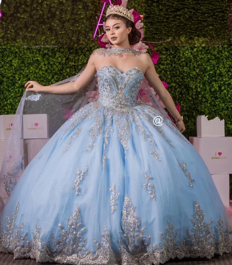 Sky Blue Vestido De 15 Anos Ball Gown Quinceanera Dresses with Cape Lace Applique Corset Sweet 16 Dress Abiti Da Cerimonia