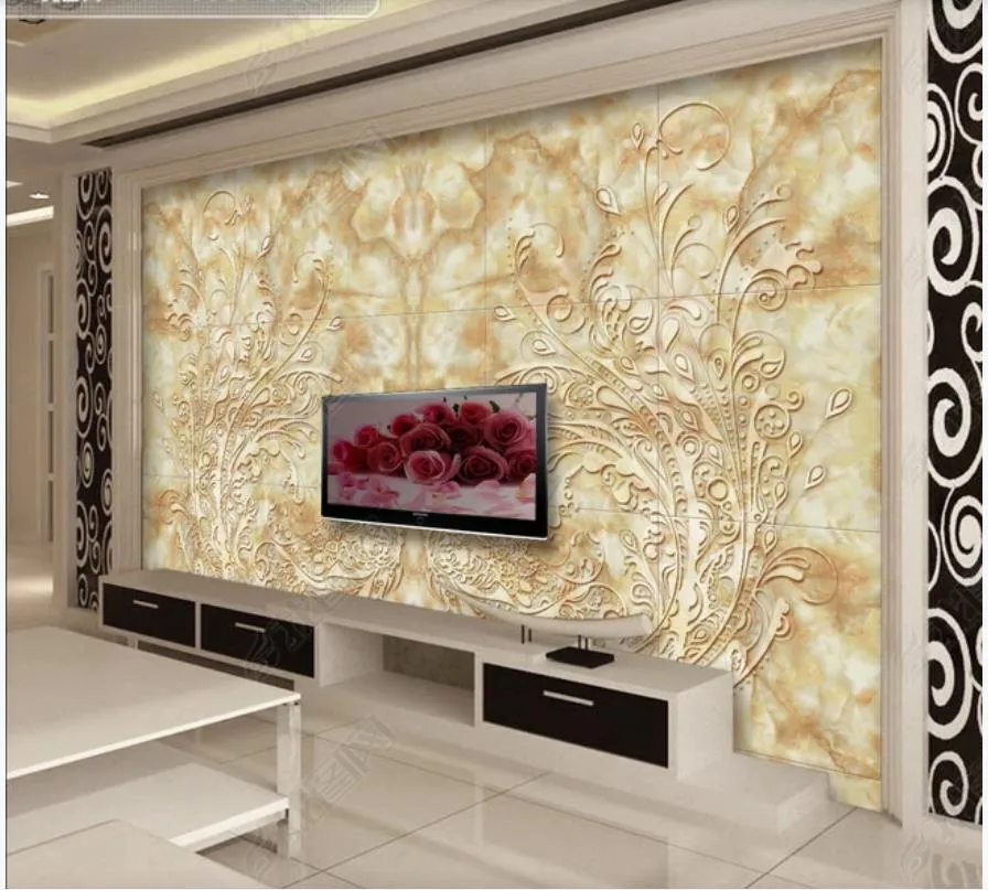Modern Marble Parquet Pattern 3D Mural Gold Wallpaper For Custom Living ...