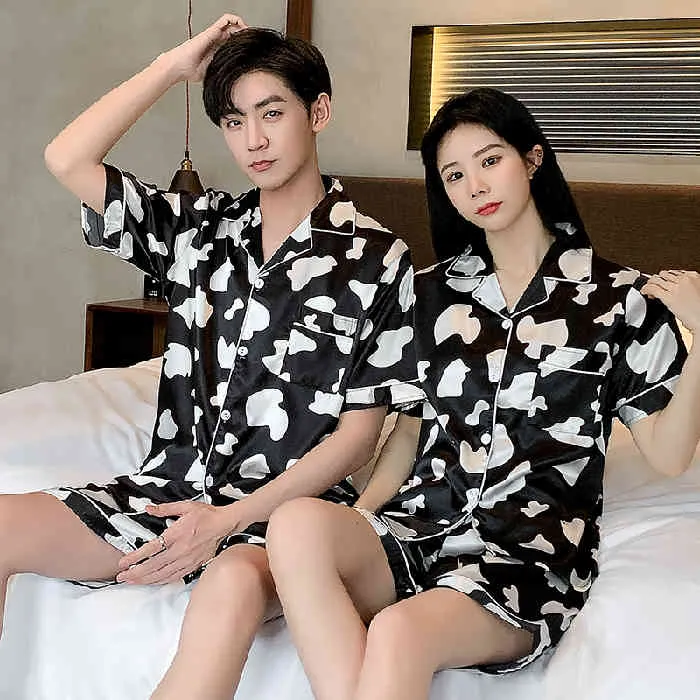 Young Lover Pajamas Fake Silk Women Short Sleeve Summer Man Pyjama Loose Couple Pijama Set Soft Plus Size Men Sleepwear Shirt X0526
