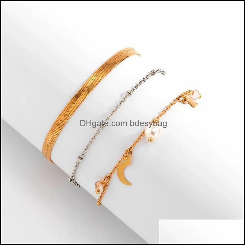 Mixed Color Star Moon Tassel Charm Bracelets Imitation Pearl Crystal Snake Chains European Women Copper Handmade Party Bracelet Jewelry Sets