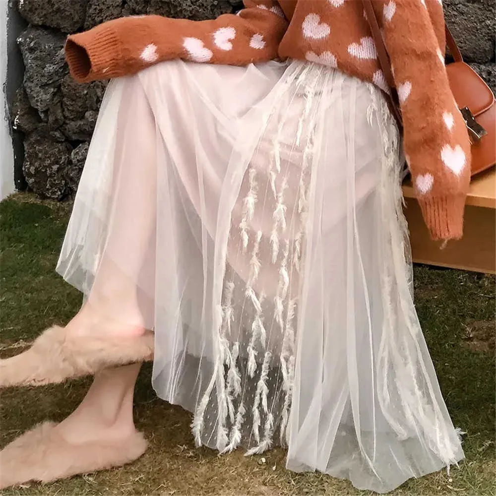 Vintage Tassel Tulle Spódnica Kobiety Elastyczna Wysoka Talia Mesh Szycie Długie Spódnice Lato Plisowane Tutu Spódnice Kobiet Jupe Longue 210619