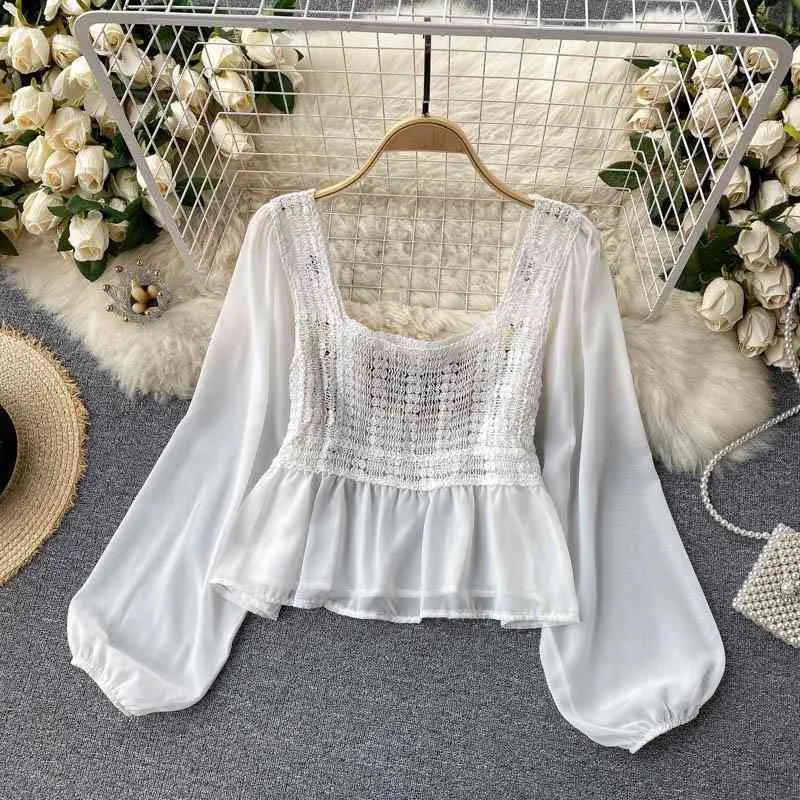 Autumn spring polyester women square neck decorative button floral printed long sleeve blouses top