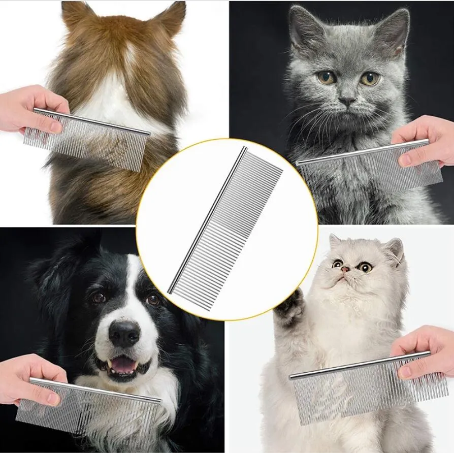 Cão pente longa escova de remoção de peles de pele grossa 16 / 19cm aço inoxidável de aço inoxidável animais de estimação cão gato grooming pentes para cães desgrenhados