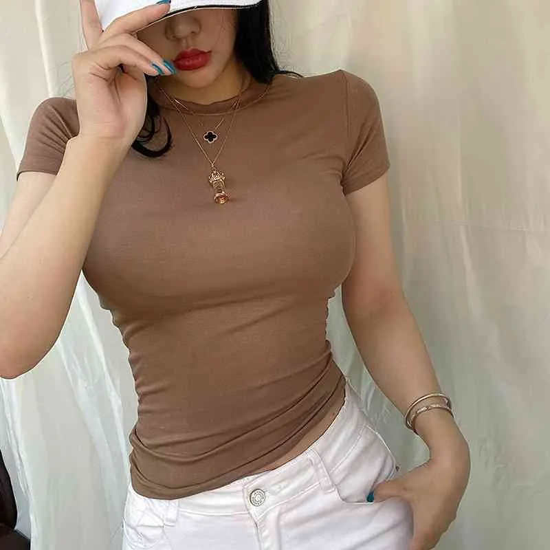 T-shirt estiva in cotone stile coreano T-shirt da donna a maniche corte da donna Slim Fashion O Neck T-shirt a base solida elastica 13961 210527