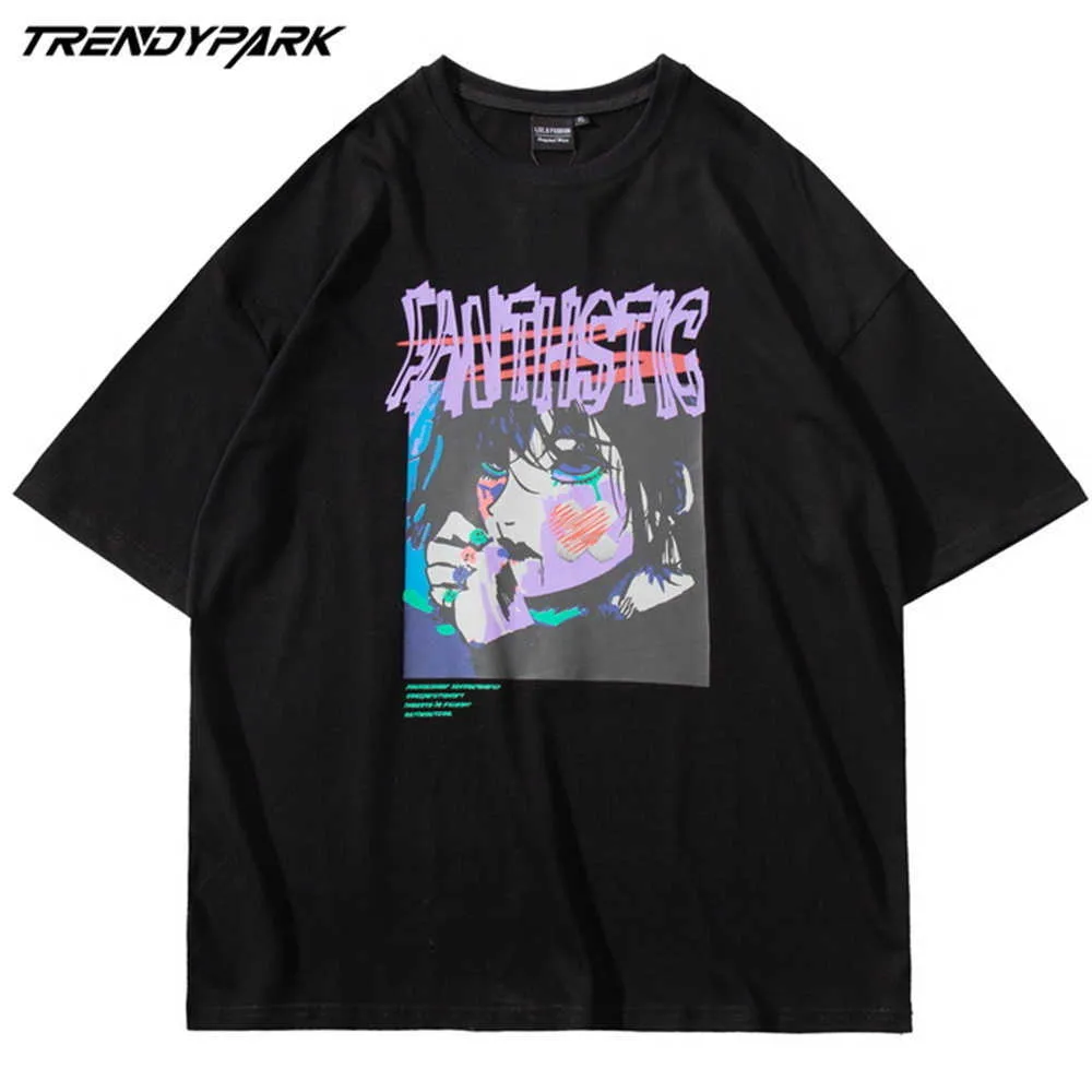 T-shirt HIP HOP HARAJUKU Streetwear Japonais Anime Girl Imprimer T-shirt T-shirt Coton Décontracté Summer Sleeve Sleeve Tshirt Tops Tees 210601