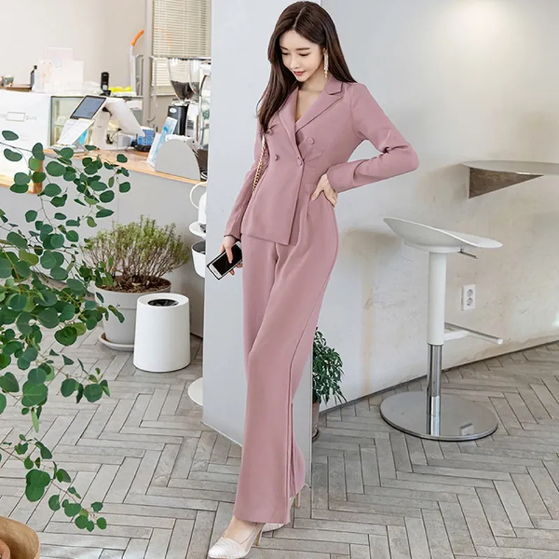 LLZACOOSH Stile Coreano OL Business Tute Formali Donna Slim Doppiopetto Abiti Rosa Pagliaccetti Lavoro Abbigliamento Donna 210514