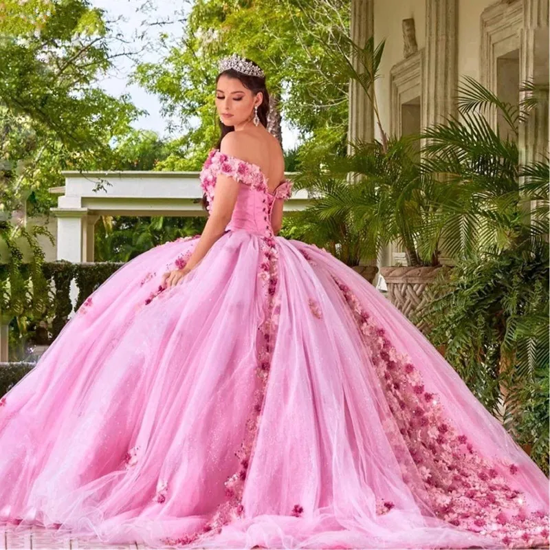 2022 핑크 볼 가운 핑크 Quinceanera 드레스 3D 꽃 파란색 달콤한 15 16 드레스 댄스 파티 드 가운 화려한 Vestido de 15 Anos