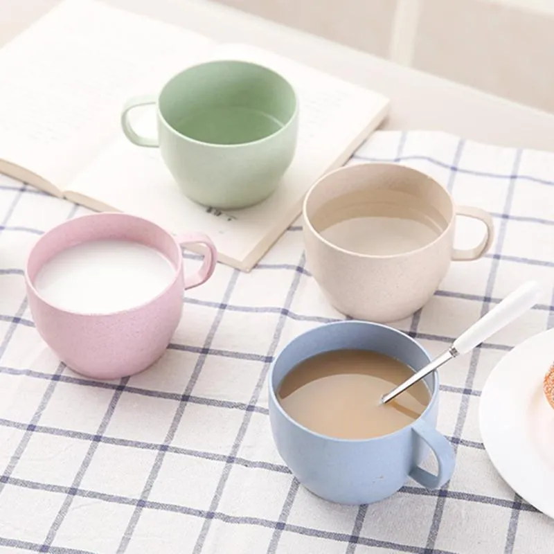 1PCS Wheat Straw Cafee Leite de café da manhã Copo de chá de chá liso Presente Grente Plástico Viagem reutilizável Copos infantis para pires de banheiro de cozinha