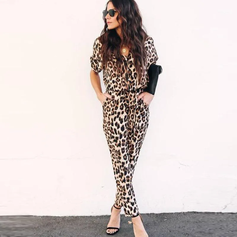 Женские комбинезоны Rompsers Женщины комбинезон Leopard Print с коротким рукавом длинные брюки одно целое Paysuit Streetweart кнопка V шеи одежда