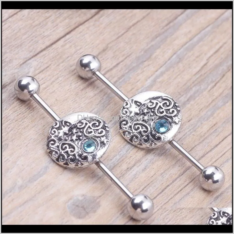 1.6*38*6mm fashion 14g moon star long industrial barbell 316l stainless steel earring body ear piercing jewelry