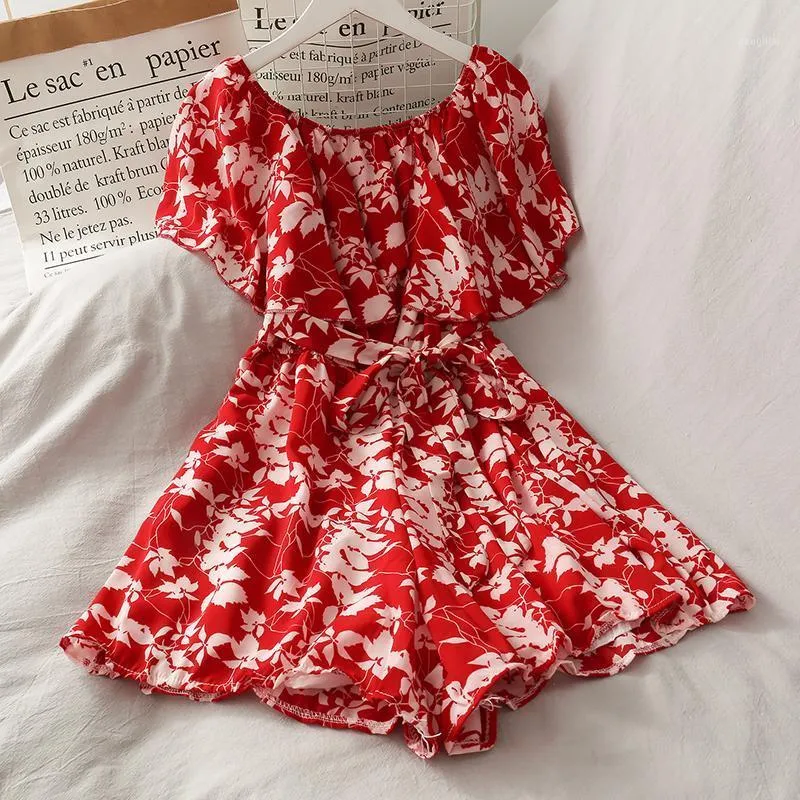 Summer Chiffon Women Casual Playsuits Off-shoulders Printed Floral Short Sleeve Ruffles Wide Leg Romper Overalls Women's Jumpsuits & Rompers