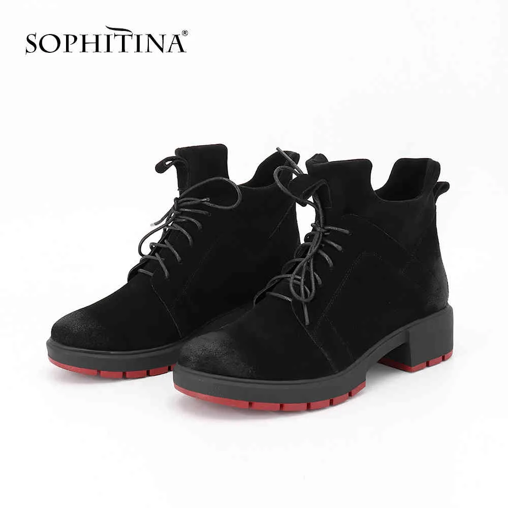 Sophitina Light Ankleブーツ快適なローヒールシルバーラウンドトゥレースアップシューズ女性ショートプラッシュ暖かい手作りブーツSC91 210513
