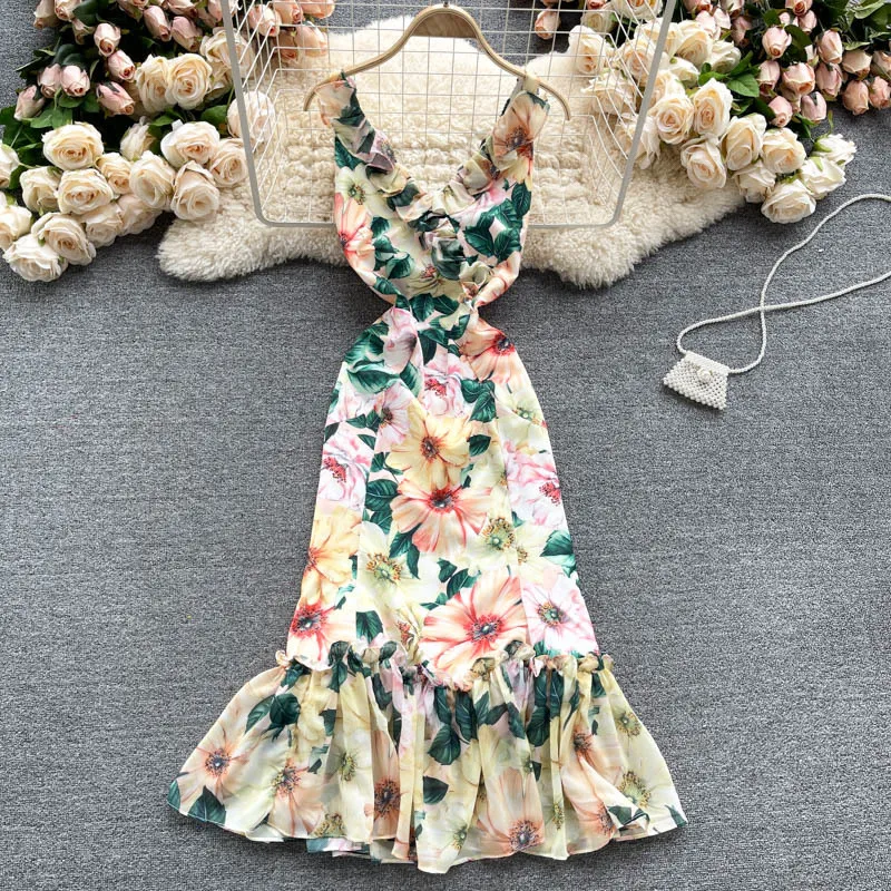 SINGREINY Women Summer Print Ruffles Dress Korean Elegant V Neck Sleeveless Evening Dresses Summer Bohemian Strap Short Dress 210419