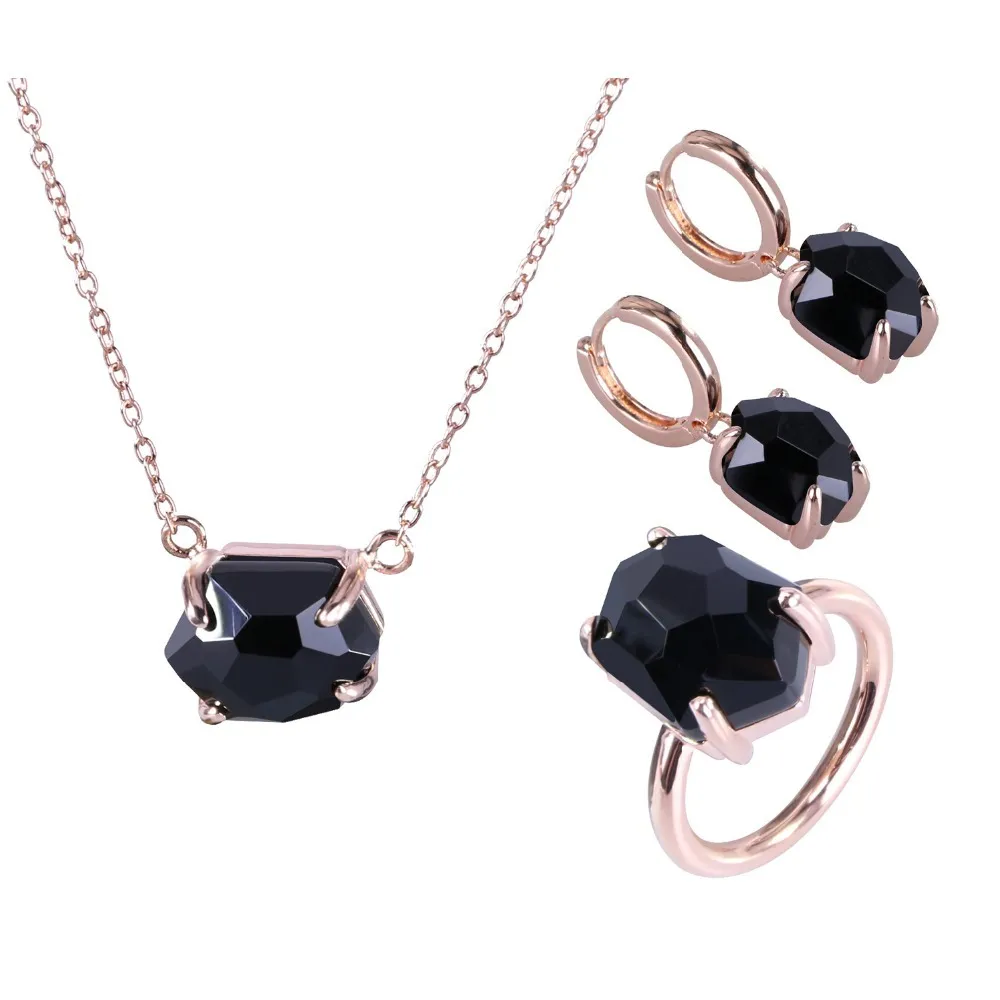 Kayfany 2021 Irregular Wedding Necklace-Earrings-Ring Black Crystal Rose Gold Plated Jewelry Set Women Girlfriends Gift