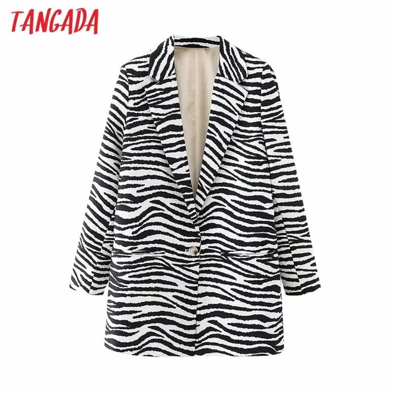 Tangada Mulheres Impressão Animal Blazer Casaco Vintage Um botão Manga Longa Feminina Outerwear Chic Tops Da37 210930