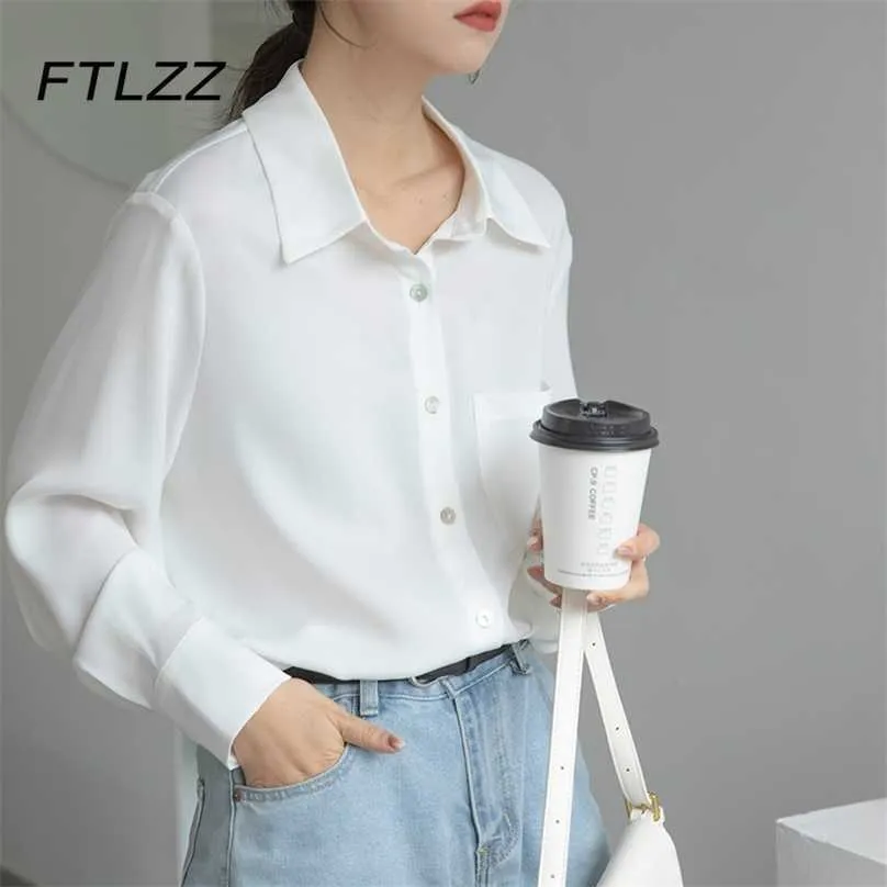 Eleganta kvinnor skal knapp upp blus mode våren höst lapel vit skjortor damer långärmad koreansk casual kontors toppar 210525