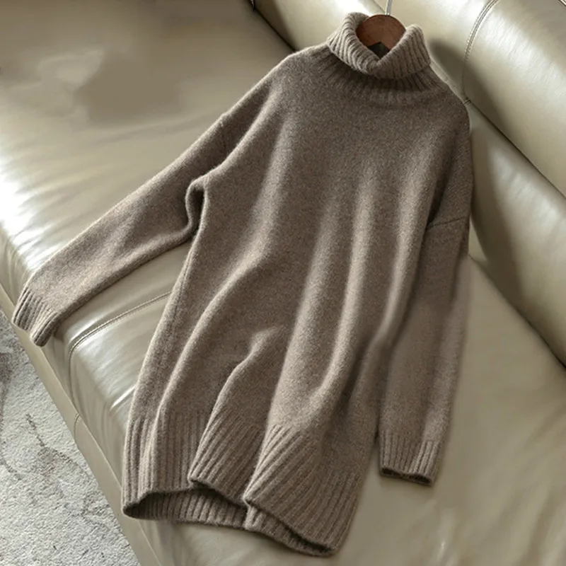 Pull en cachemire femmes col roulé tricoté laine pull long ample épais chaud mode décontracté femmes 210429