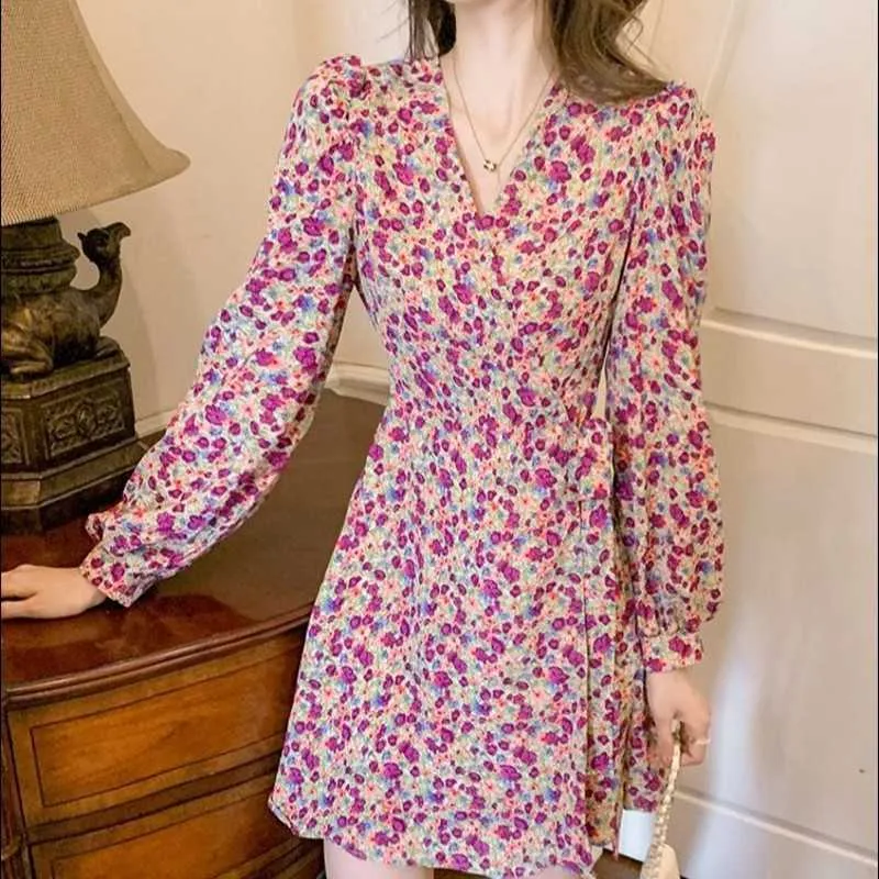 Aankomst Franse Runway Spring Elegante Dames Vrouwelijke Hoge Kwaliteit V-hals Sweet Floral Print Luxe Mini Jurk Vestido 210529