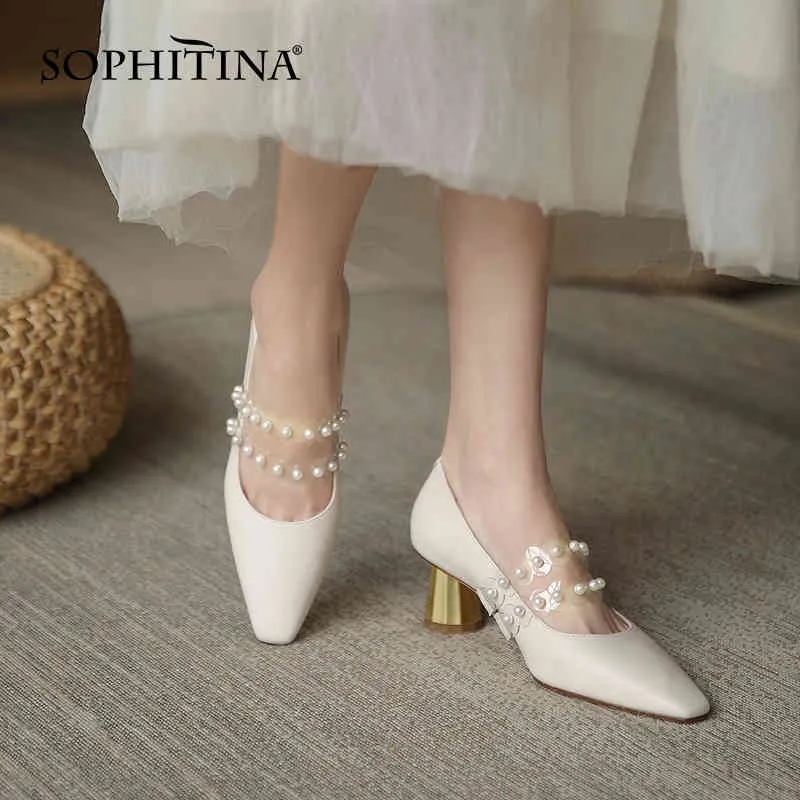 Sophitinaの女性のハイヒールのエレガントなビーズの浅い正方形のつま先の手作りの靴本物のレザー成熟した女性の靴のポンプAO106 210513