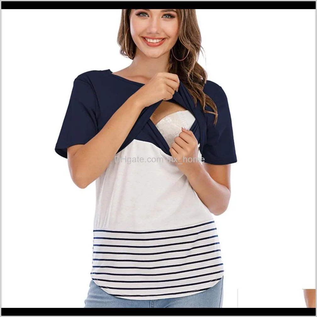 maternity lactation short sleeve round neck color matching lace t-shirt top and bottom cross feeding clothing