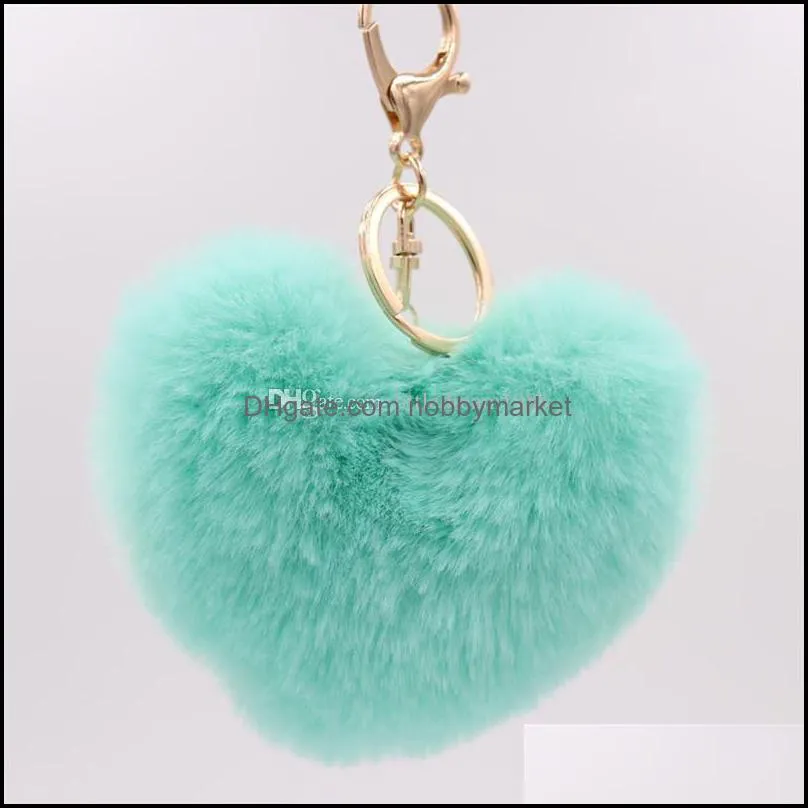 Super Noticeable Pom Pom Keychains Fluffy Heart Shape Pompoms Keyring Faux Rabbit Puff ball Key Chain for Valentine Day Gift