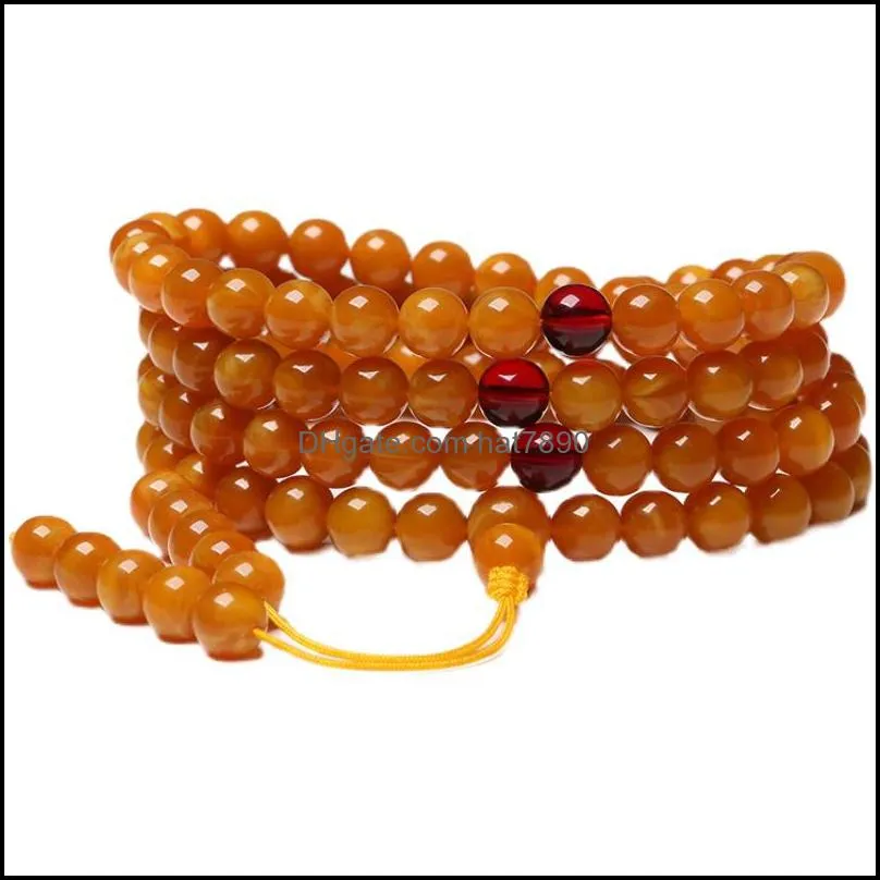 Old Honey Multi-circle 108 Prayer Beads Natural Beeswax Amber Bracelet Necklace for Men and Women Strands