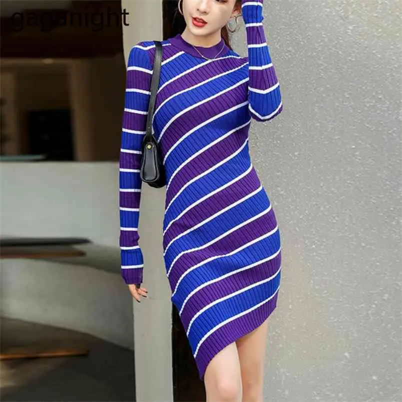 Striped Women Bodycon Dress Autumn Winter Long Sleeve Irregular Stretchy Vestidos Lady Korean Dresses Drop 210601