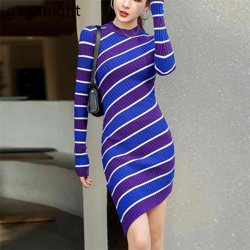 Gestreiftes Frauen, figurbetontes Kleid Herbst Winter Langarm Unregelmäßige Stretchy Vestidos Dame Koreanische Kleider Drop 210601