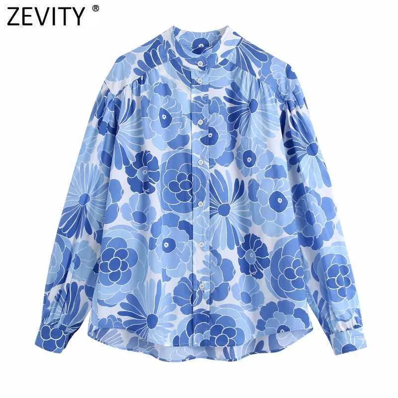 Zeefity Dames Vintage Stand Kraag Blauw Floral Print Blouse Vrouwelijke Lange Mouw Chic Kimono Shirt Oversized Blusas Tops LS9334 210603