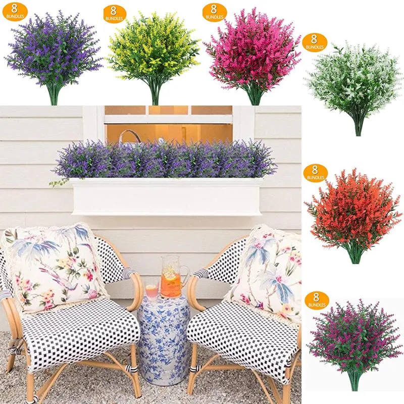 Couronnes de fleurs décoratives 1 pièce, lavande de Provence artificielle, jardin extérieur, haute qualité, résistant aux UV, faux arbustes, décoration de plantes