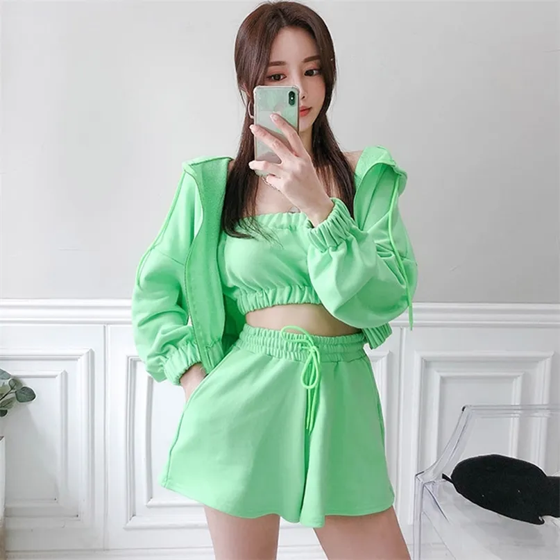 Women's 3 pieces Sets Fashion Summer Hooded Suits Green Crop Top + Hoody Coat Short Pants Casual Sports 210603
