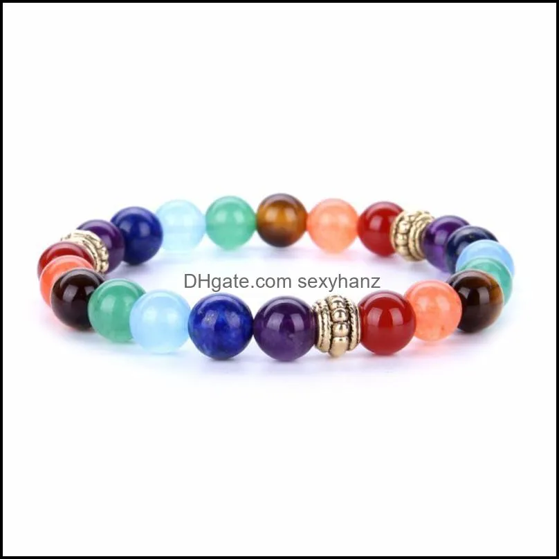 Chakra Bracelets Natural Stone Amethysts Agates Quartz 8mm Ball Bead Mala Healing Reiki Balance Bracelet Jewelry For Women Men Beaded,