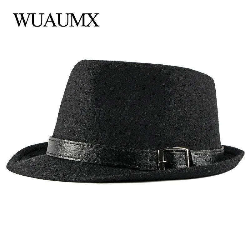 Wuaumx automne hiver rétro Jazz chapeaux hommes d'âge moyen feutre Fedoras casquette pour homme solide Trilby Panama chapeau noir melon large bord 235G