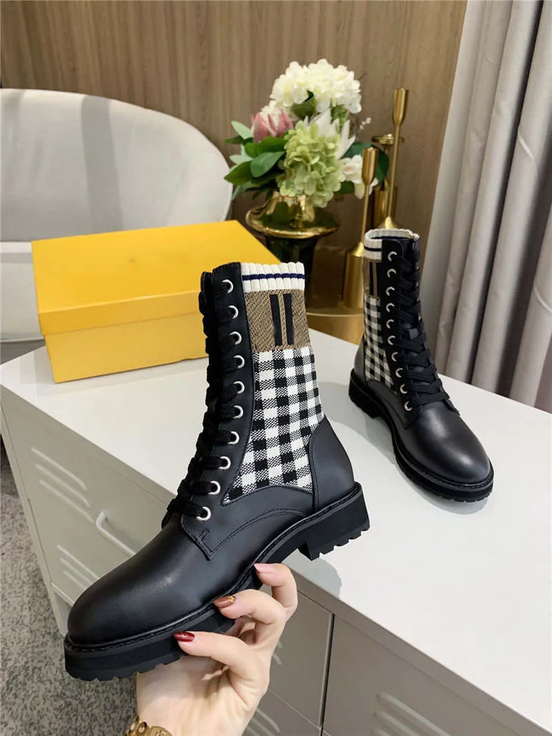 Women`s Knitted Sock Ankle Combat Zucca Leather Boots With Box