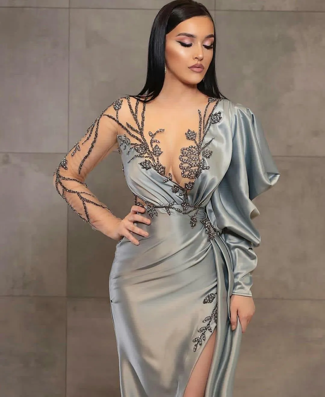 Silver Satin Classy Evening Dress with Illusion Crystal Beading, Long Sleeves, High Side Split, and Open Back - Floor Length Prom Gown for Soire and