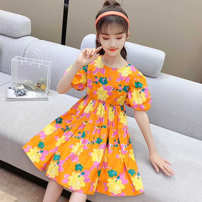 Dzieci Dress 2021 Lato Bawełna Kolor Kolorowe Kwiaty Puff Sleeve Oddychająca Dziewczyna Sukienka Odzież dziecięca Q0716