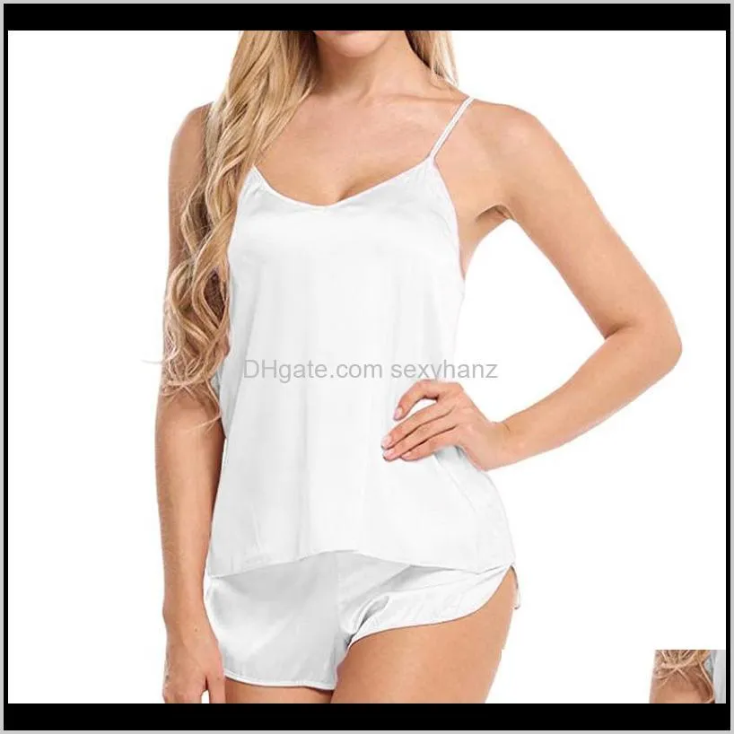 2020 women sexy strapless bodysuit simulation silk thin pajamas set v-neck camisole sleeveless shorts sleeping wear backless