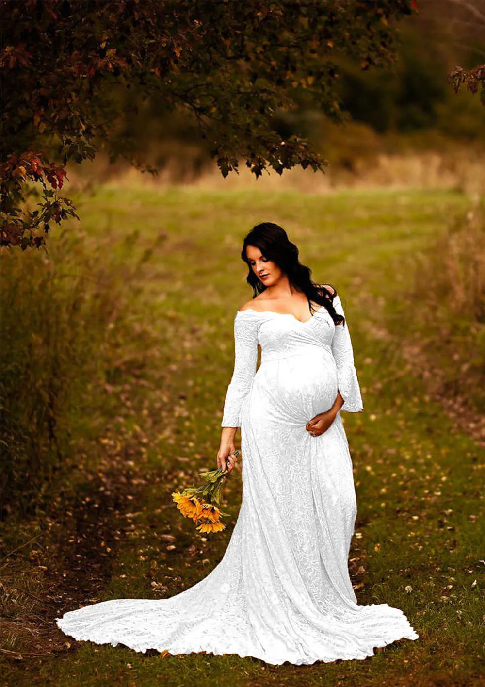 Long Maternity Dresses For Photo Shoot Sexy Lace Fancy Pregnancy Dresses Flare Sleeve Pregnant Women Maxi Gown Photography Props (17)