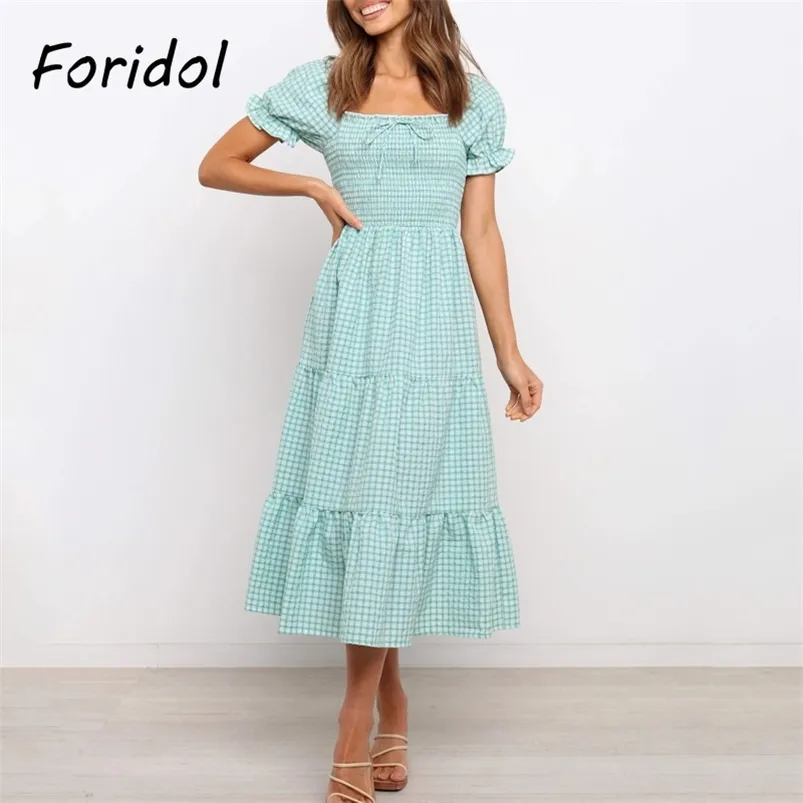 Casual Plaid Print Long Summer Dress for Women Clothing Beach Boho Maxi Office Lady Elegant 210427