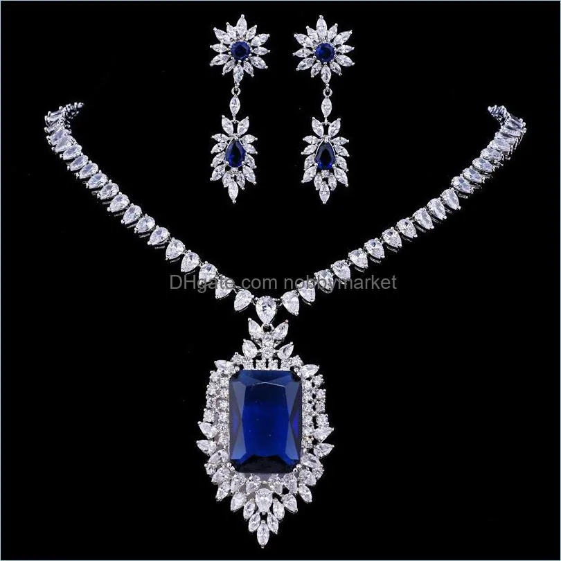 Earrings & Necklace Ekopdee Classic Teardrop Cubic Zirconia Chain Jewelry Set For Women Big Zircon Wedding Dress Accessories 2021