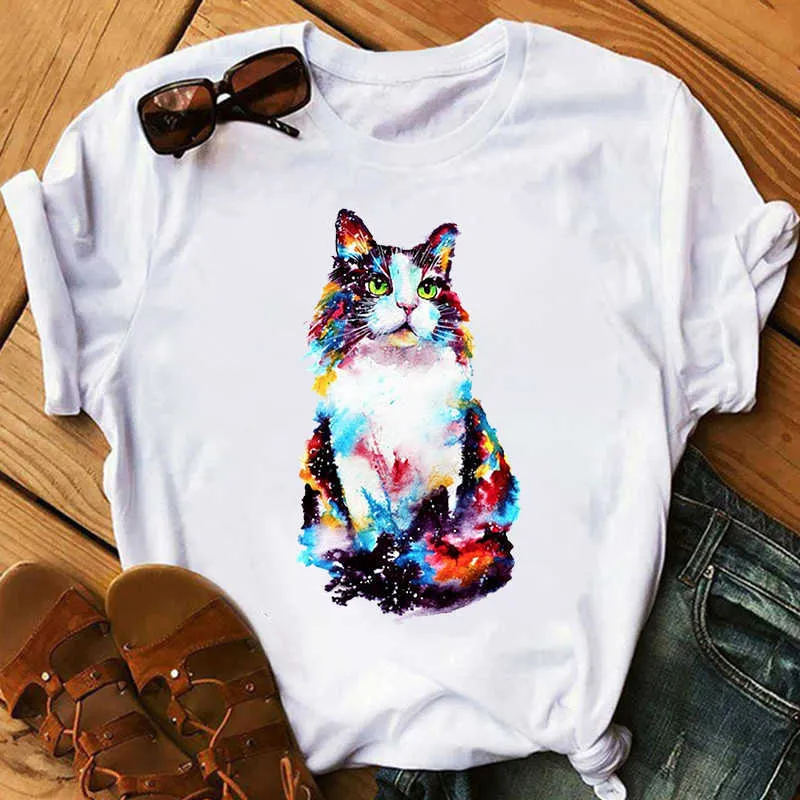 カラフルな猫Tシャツの女性Tシャツカジュアルなティー夏半袖ラウンドネック安い服中国トップモードフェムミX0527