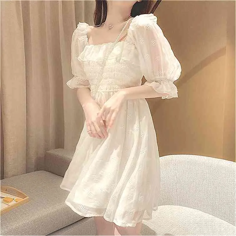 Francês Vestido de Verão Mulheres Branco Slow Sleeve Estilo Coreano Vestido Fadas Rendas Chiffon Japão Estilo Kawaii Vestido Vintage Elegante 210331