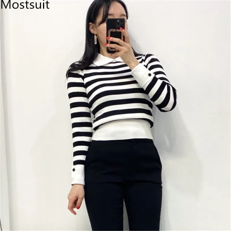 Striped Knitted Women Pullover Sweater Spring Full Sleeve Turn-down Collar Jumpers Korean Fashion Elegant Female Tops Femme 210518