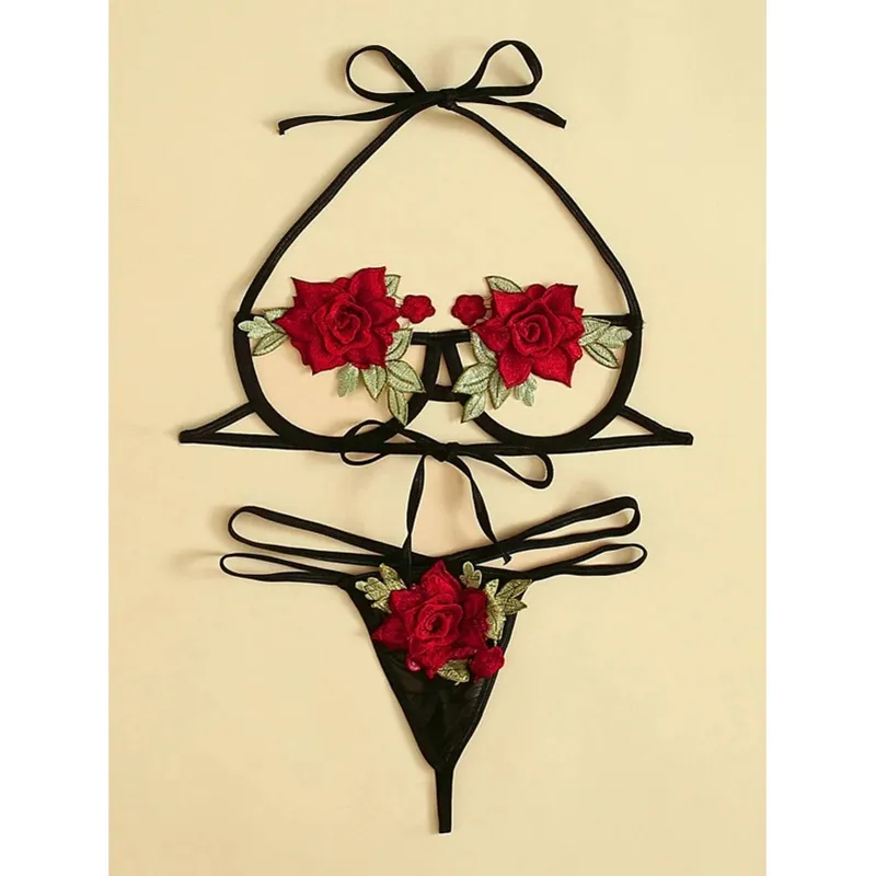 Lace Up Hollow Out Rose Embroidered Underwear Sexy Suit Couple